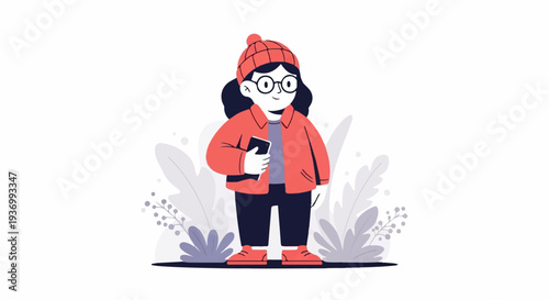 Young person in a winter hat and coat, holding a book, surrounded by stylized plants
