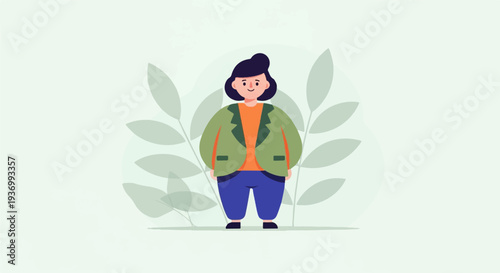 A stylized, plump person stands centered, wearing a green jacket over an orange shirt and blue pants