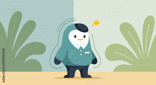 Whimsical cartoon character in a blue shirt and black pants with a thought bubble