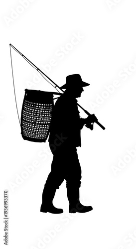 Silhouette of a fisherman walking with a fishing rod and creel on a white background.
