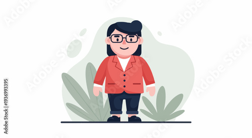 A cartoon woman in a red jacket, glasses, and dark pants stands outdoors