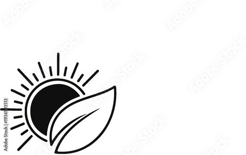 A stylized sun with radiating lines behind a graphic of a leaf