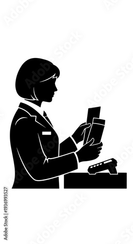 Silhouette of a female cashier or clerk processing cards at a counter with a payment terminal.