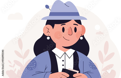 Cheerful person in a hat and traditional attire holding a small book