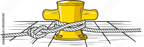A yellow nautical mooring bollard with a thick white rope tied around it