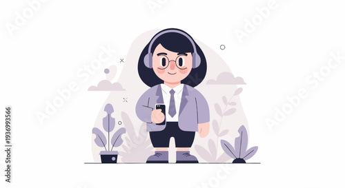 Person in headphones and suit holding phone, surrounded by stylized plants and clouds