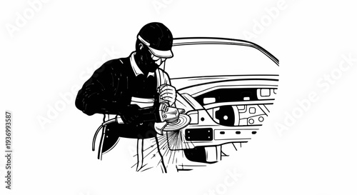 A worker in protective gear uses an angle grinder on a car's frame