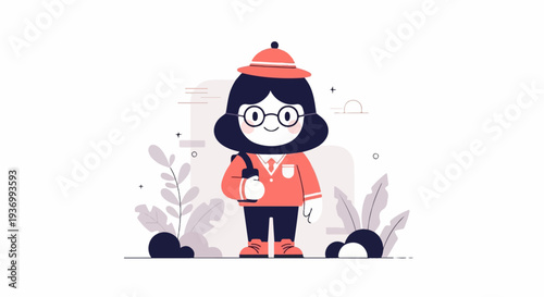Whimsical character in a hat and glasses, carrying a bag amidst abstract plants