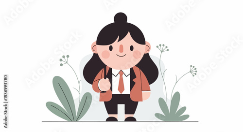A stylized cartoon character in a suit with dark hair and rosy cheeks, surrounded by foliage