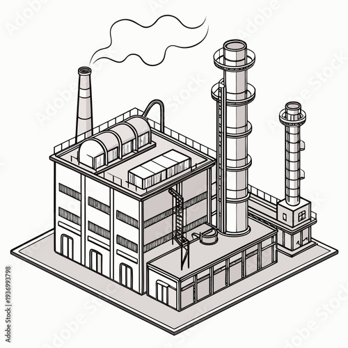 Industrial refinery complex with smokestacks and building