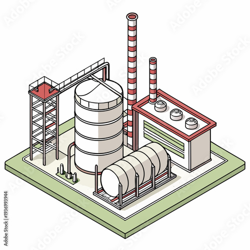 Isometric oil refinery with smokestacks and storage tanks 1