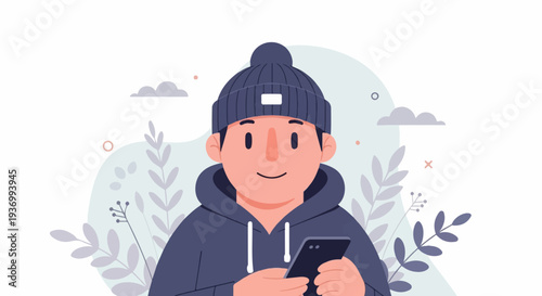 Casual young person in a beanie and hoodie, holding a smartphone, surrounded by stylized plants and clouds