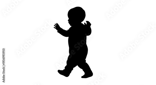 A silhouette of a baby taking its first steps, walking across a white background.
