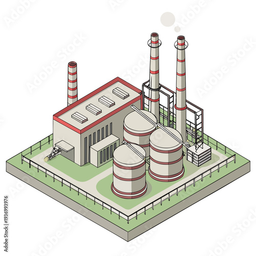 Isometric oil refinery with smokestacks and storage tanks