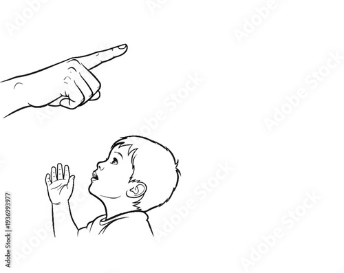 Adult finger points up to attentive child looking up with open mouth and raised hand