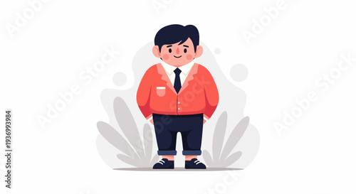 Chubby, smiling person in formal attire, with stylized leaves in background