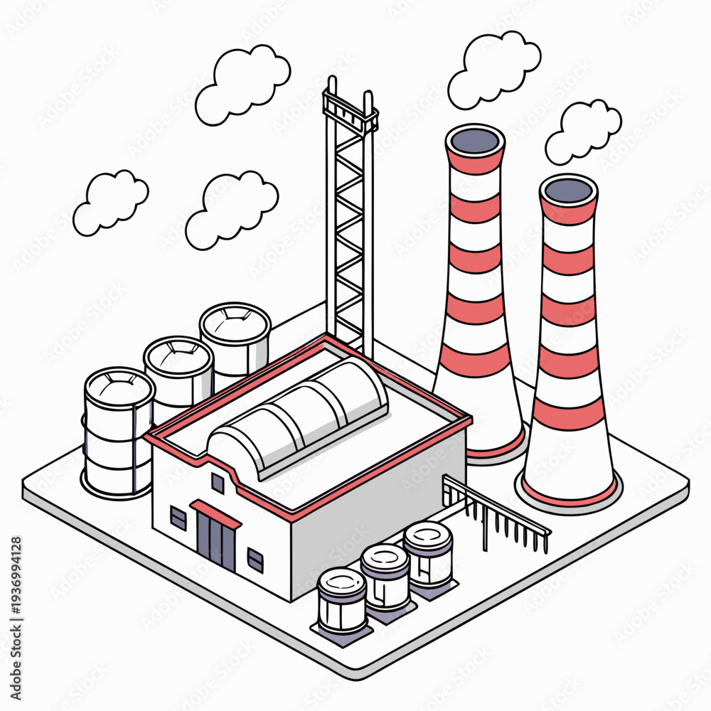 Naklejka premium Isometric view of industrial zone with factory building and smokestacks