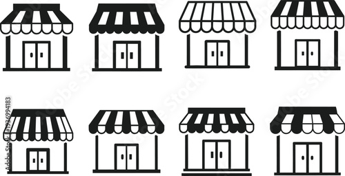 Store front icons, storefront shop flat vector illustration, retail market boutique symbols, business building facade isolated on white background.