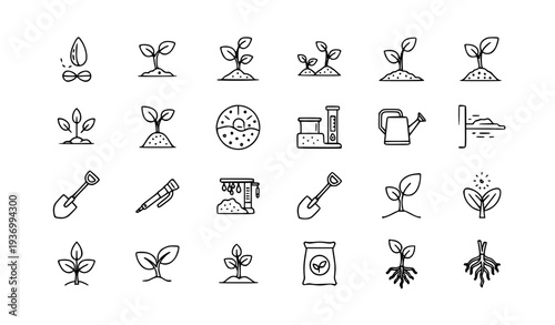 Plant growth line icon set with seeds seedling soil testing drought gardening agriculture outline vector