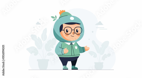 A cute cartoon character with glasses, wearing a green hat and jacket, stands among plants