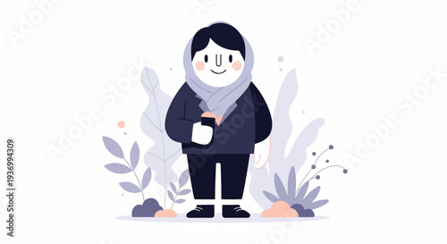 A person in a scarf holds a cup, surrounded by stylized plants and foliage