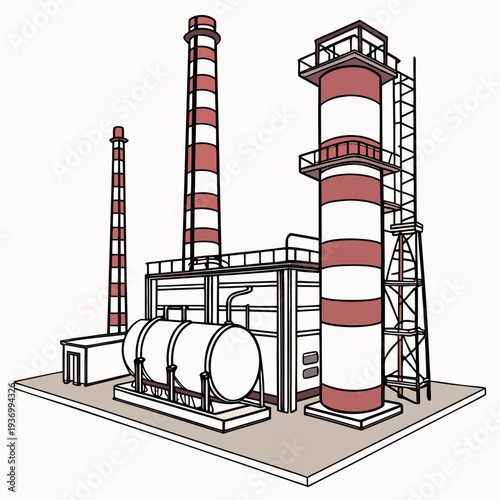 Isometric view of oil refinery plant with smokestacks 1