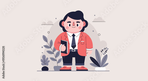 A cartoon figure in a suit holding a book stands amidst potted plants