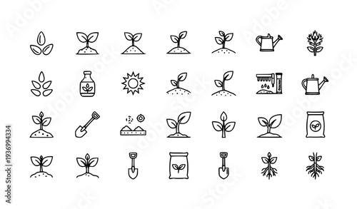 Plant growth line icon set with seeds seedling soil testing drought gardening agriculture outline vector
