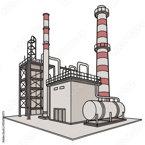 Isometric view of oil refinery plant with smokestacks
