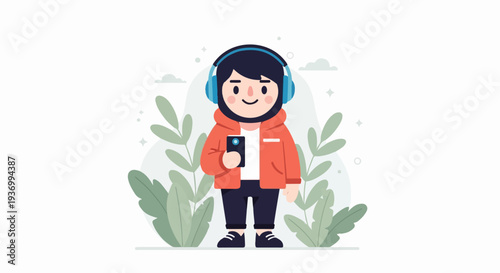 Cheerful cartoon character in headphones holds a phone, surrounded by plants