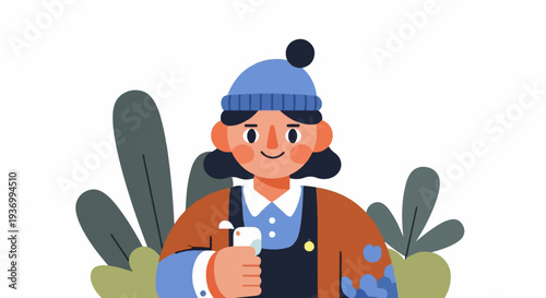 Friendly cartoon character in a blue hat and overalls, holding a white object