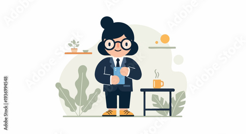 A cartoon businesswoman in a suit holds a tablet, with a steaming coffee cup nearby