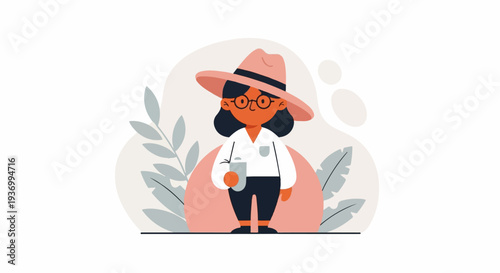 Stylized illustration of a woman in a hat holding a cup amidst foliage