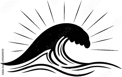 Stylized black wave with sunburst lines radiating from behind