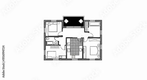 Architectural blueprint of a multi-room dwelling with beds, bathrooms, and kitchen