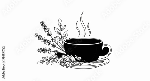 Black cup of steaming coffee with lavender and greenery