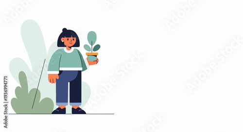 A person in casual clothes holds a potted plant with green leaves, standing near abstract leafy shapes