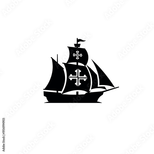 Vintage Caravel Ship Silhouette with Cross Sails.