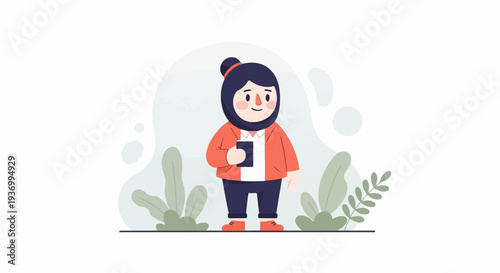 A character wearing a hijab and an orange jacket, holding a phone, standing outdoors