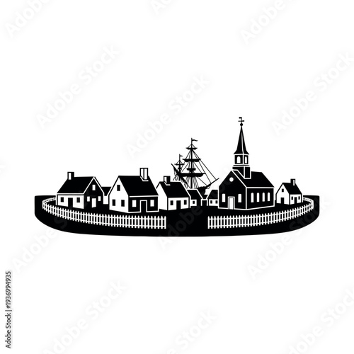 Vintage Woodcut Illustration of a Colonial Village with Church and Ship.