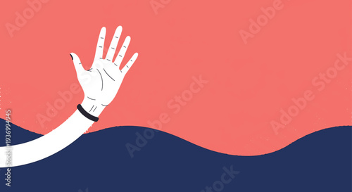 Waving hand with open palm vector illustration on coral and navy background