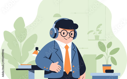 Cheerful man in headset and suit, focused on task in home office