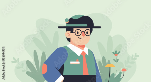 A cartoon man with glasses and a hat stands among stylized plants and flowers