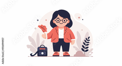 Stylized illustration of a person with glasses, a blazer, and a backpack, with autumnal elements