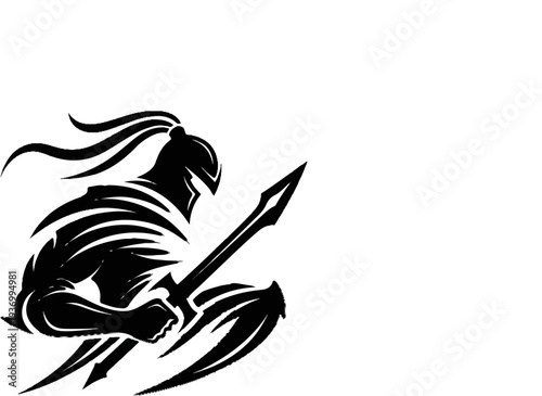 Black silhouette of a warrior in stylized armor with a spear