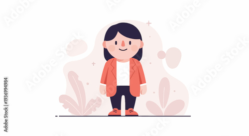 Minimalist illustration of a cheerful person in a coral blazer and dark pants