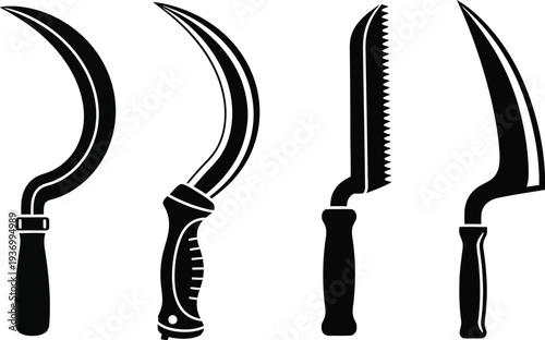 Collection of four different types of curved knives and sickles