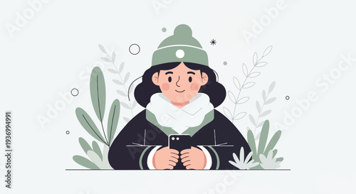 A person in winter clothing holds a phone amidst stylized foliage