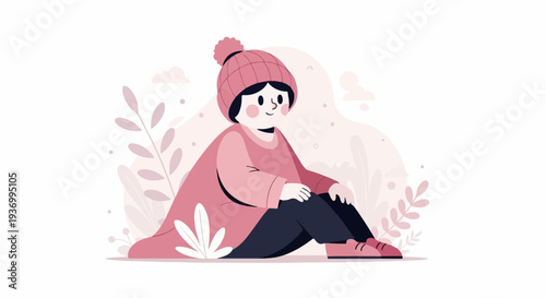 A person wearing a winter hat and sweater sits among decorative foliage