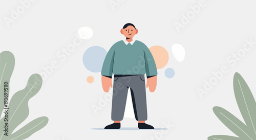 A flat illustration of a man in a teal sweater and gray pants, with abstract circles and leaves